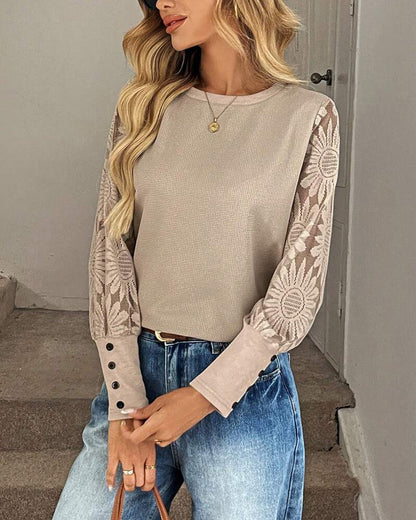 Lace Crochet Splicing Long Sleeve Top