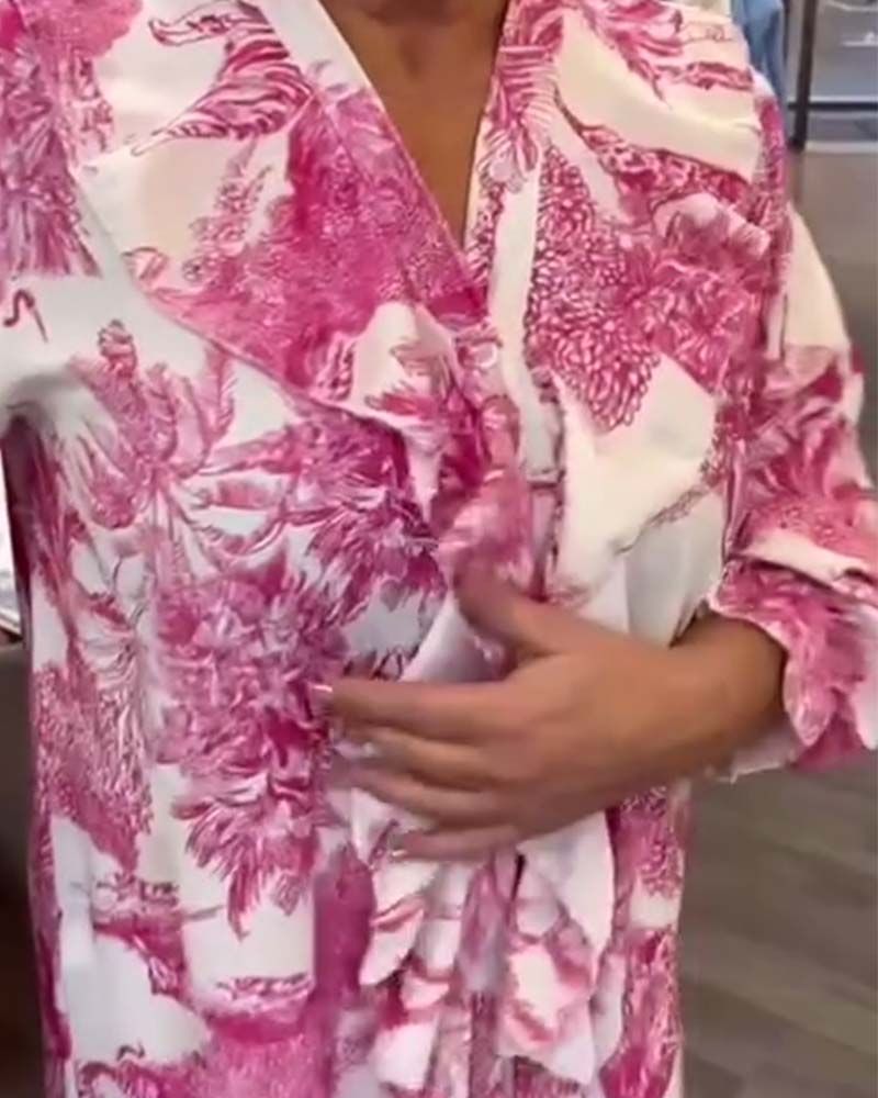 Gentle printed ruffle casual blouse