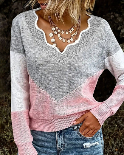 V Neck Color Block Pullover