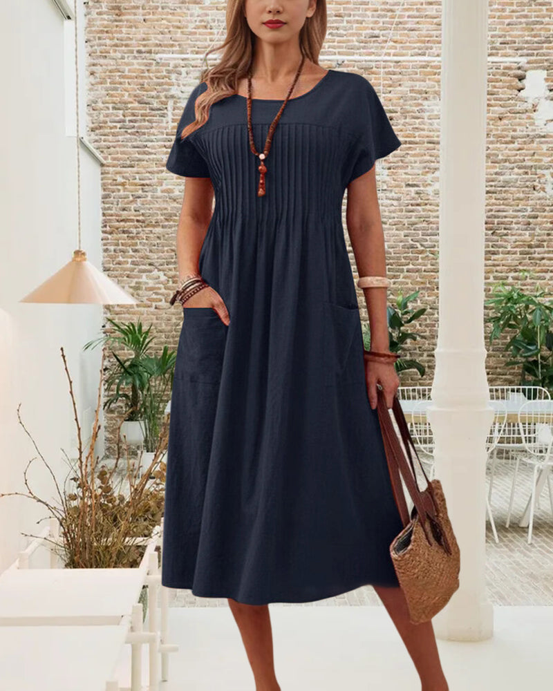 Pleated Short Sleeve Cotton And Linen Dress