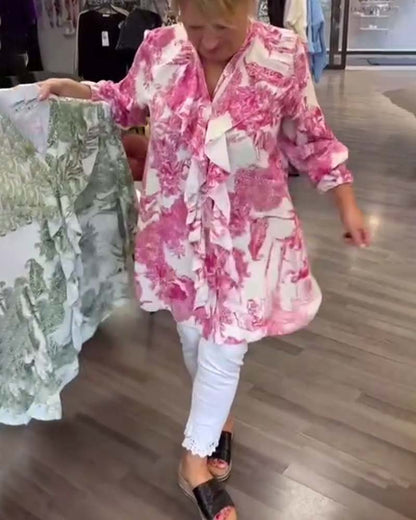 Gentle printed ruffle casual blouse