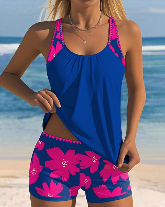 U-Neck Sleeveless Printed Boxer Tankini