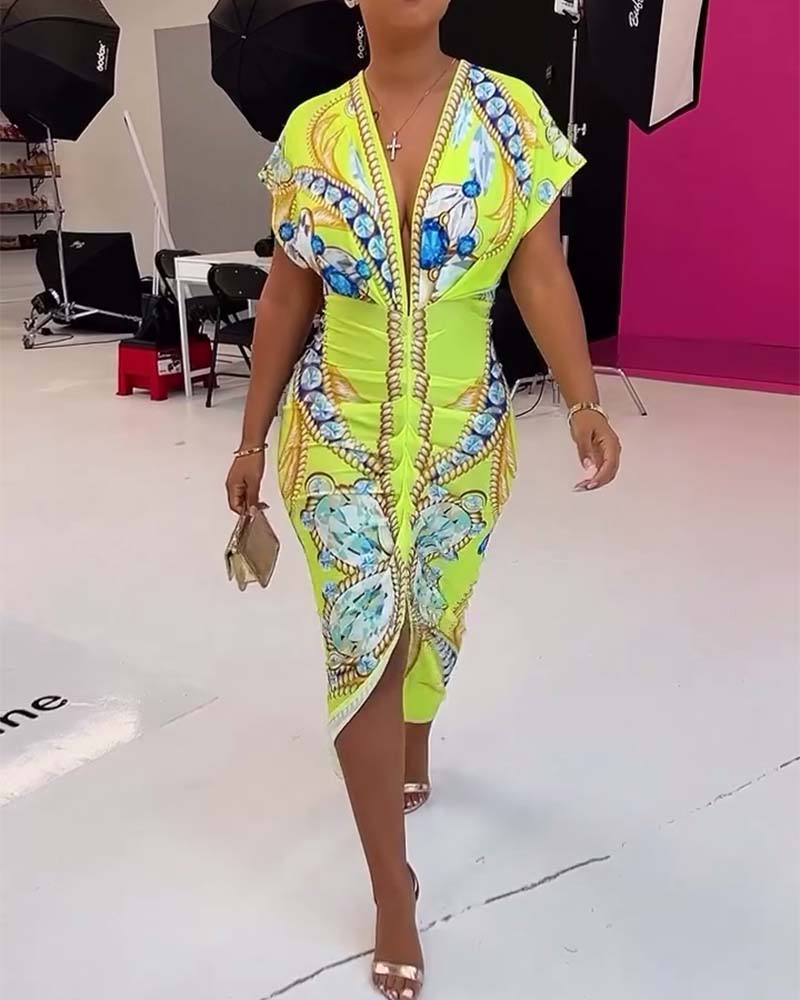 Deep V slit waist printed dress