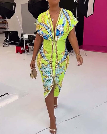 Deep V slit waist printed dress