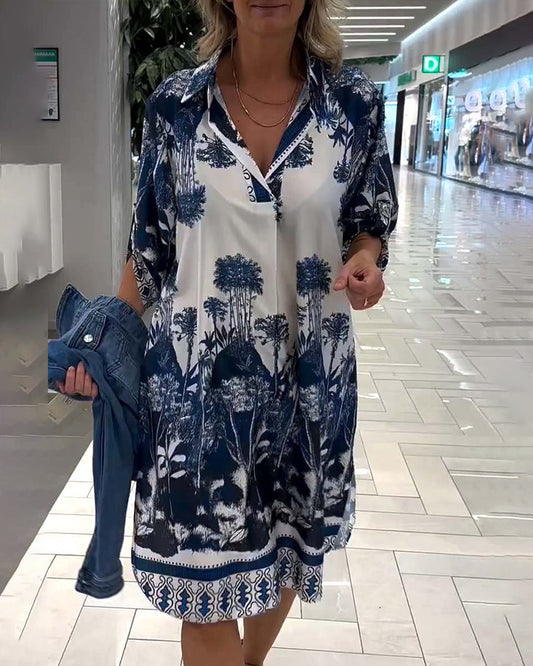 Casual botanical print lapel three-quarter sleeve dress