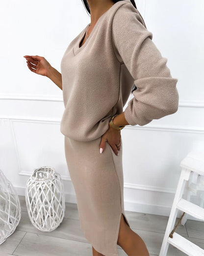 V-Neck Elegant Midi Skirt Fashion Set