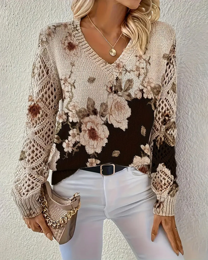 V-Neck Floral Print Hollow Sweater