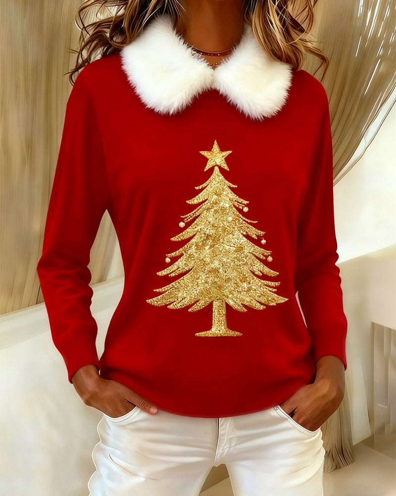 Fur-Collar Printed Long-Sleeved Top