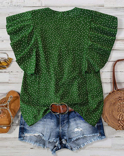 Ruffle Sleeve V-Neck Polka Dot Blouse