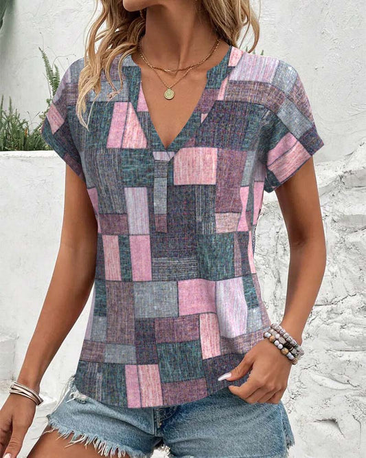 Casual Plaid V-Neck Blouse