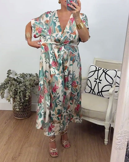 Botanical print v-neck twist elegant dress