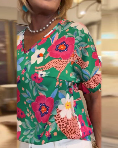 V-Neck Floral Print Short-Sleeved Blouse
