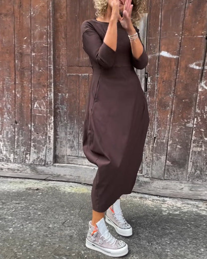 Simple solid color pocket long sleeve elegant dress