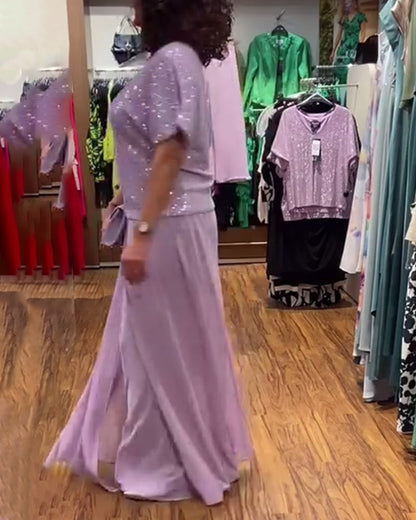 V-neck short-sleeved loose sequined blouse