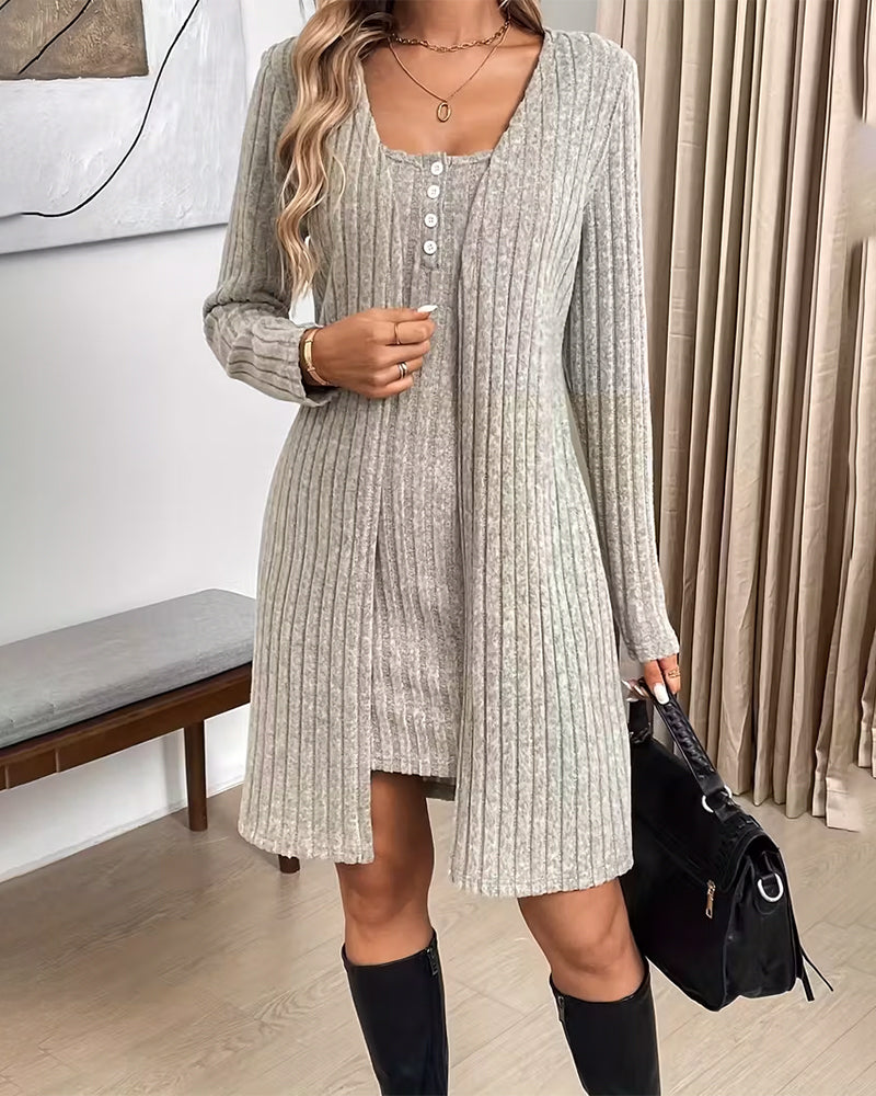 Ribbed Cardigan Vest Dress Set