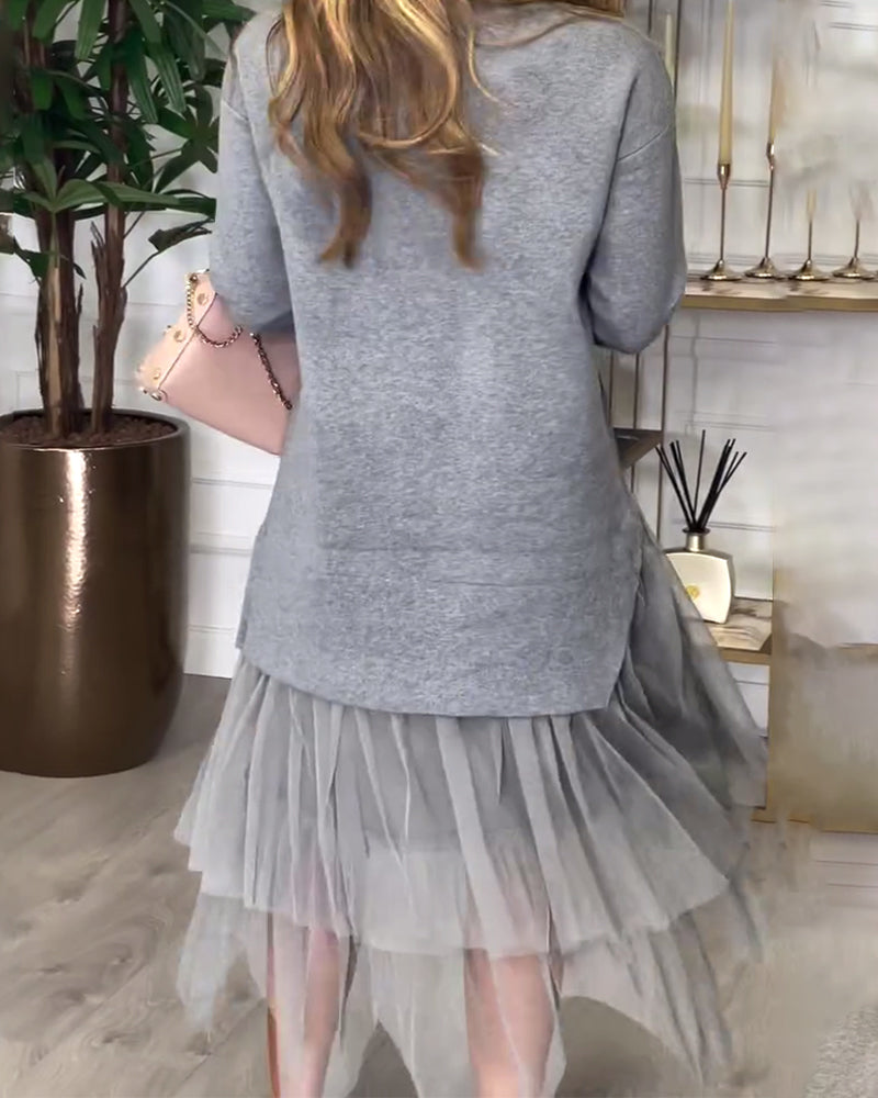 Long-Sleeved High-Neck Patchwork Dress