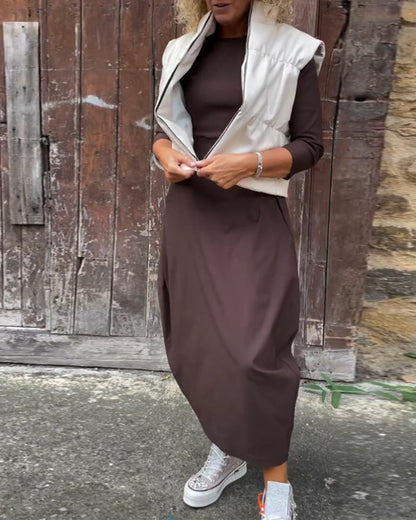 Simple solid color pocket long sleeve elegant dress