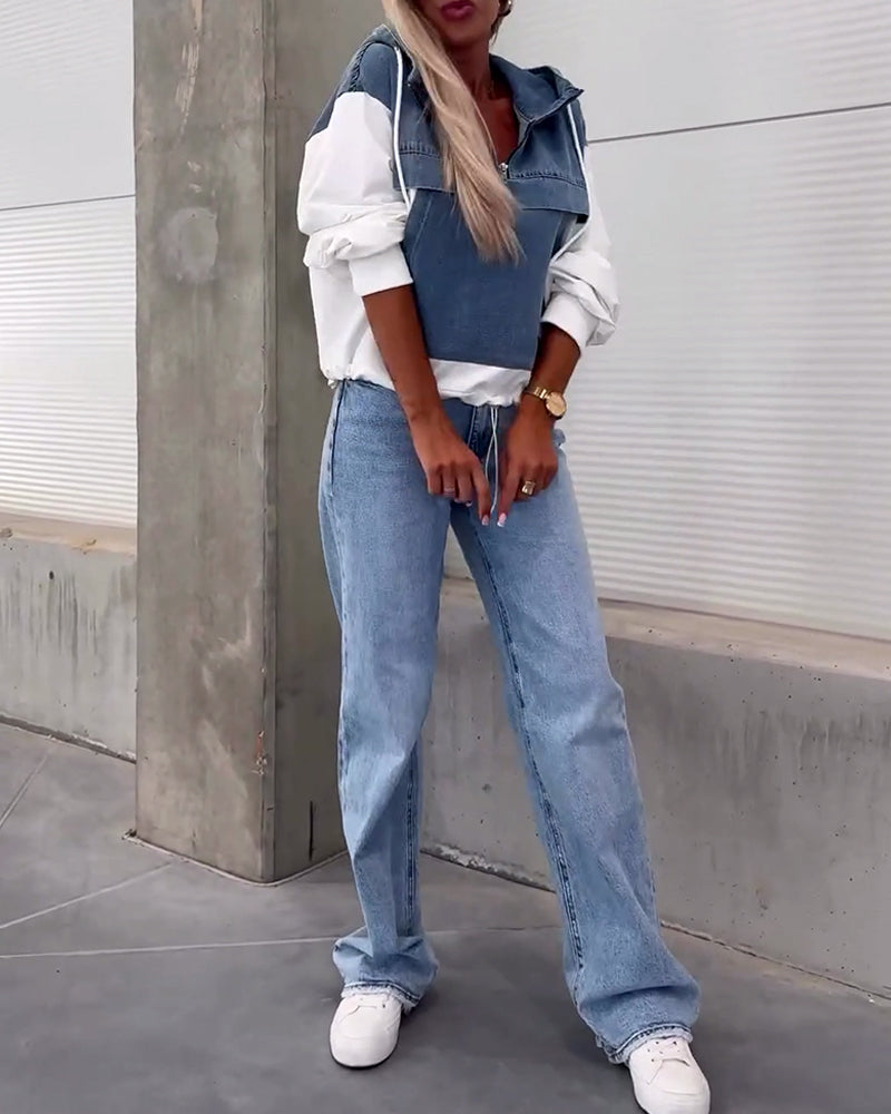 Casual denim patchwork zipper hoodie