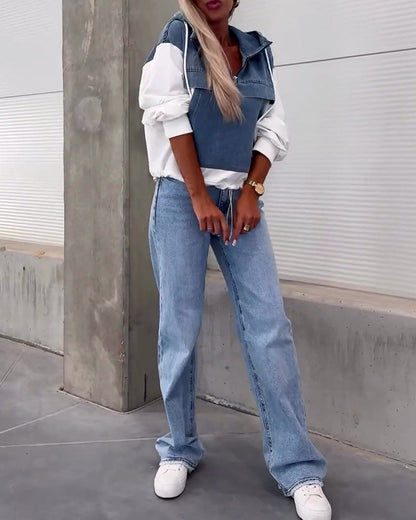 Casual denim patchwork zipper hoodie