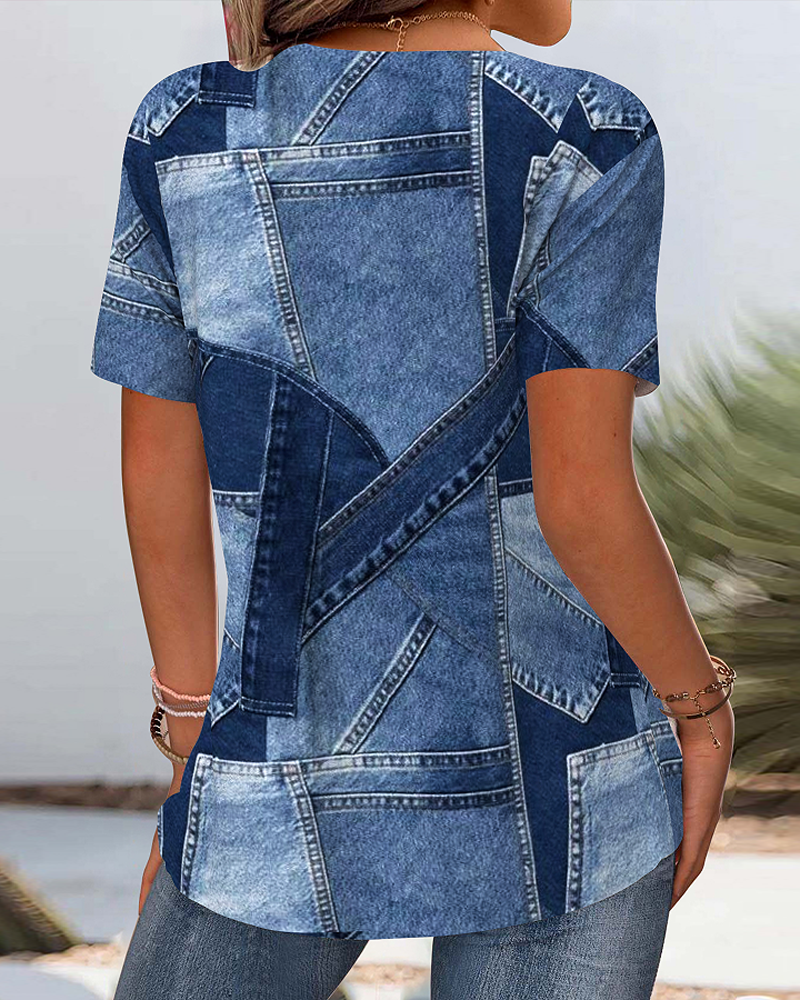Vintage Denim Contrast Hollow Blouse