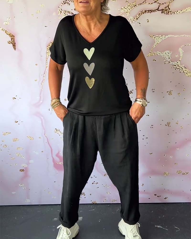 V-neck short-sleeved heart blouse