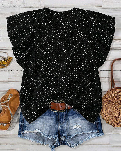 Ruffle Sleeve V-Neck Polka Dot Blouse