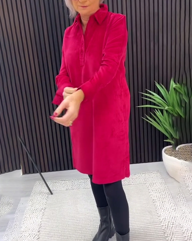 Solid Color Long-Sleeved Lapel Dress