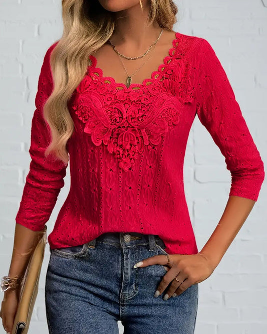 Lace Trim Hollow Long Sleeve Top