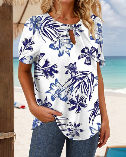 Crew Neck Floral Print Knitted T-Shirt