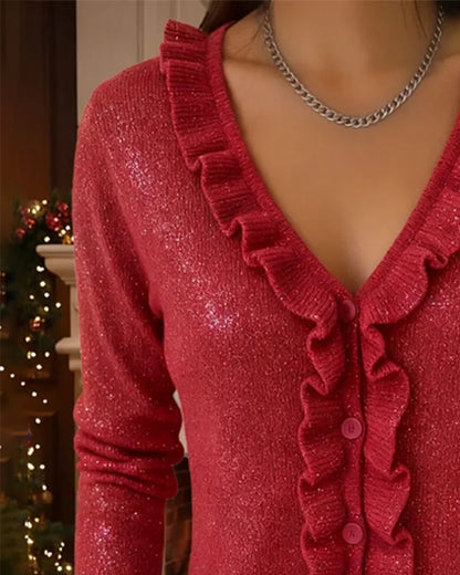 V-Neck Ruffle Trim Cardigan