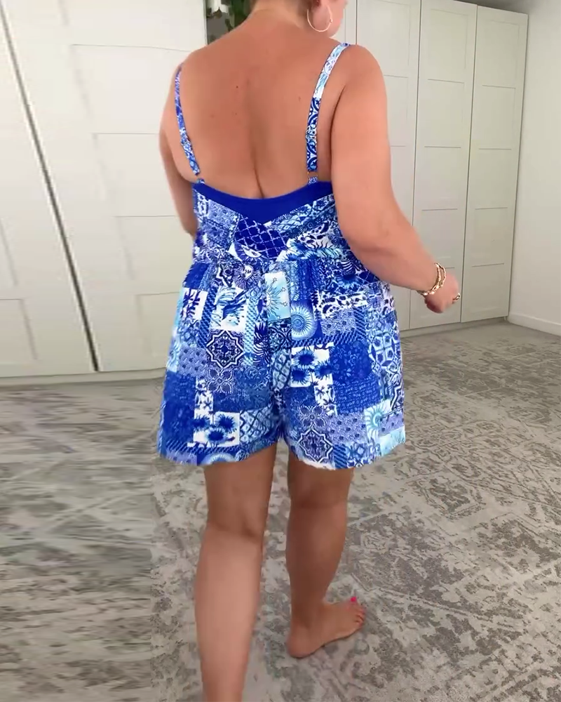 V-Neck One-Piece Printed Conservative Swimsuit