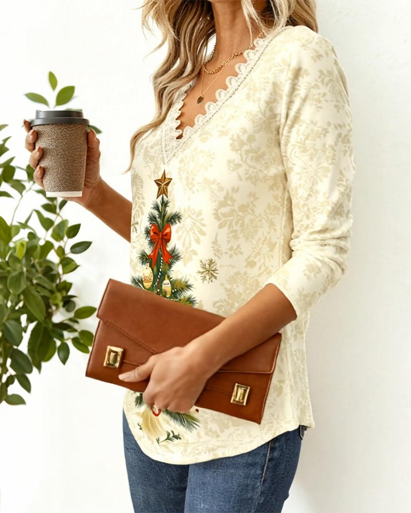V-Neck Christmas Tree Print Top