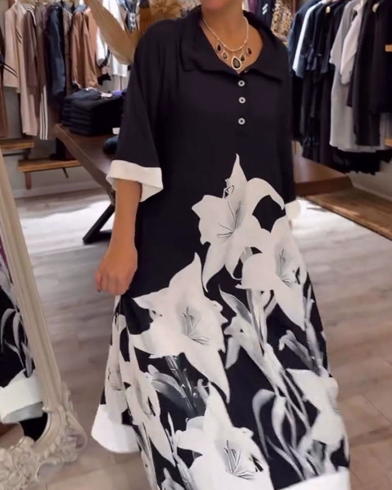 Lapel Printed Oversized Maxi Dress
