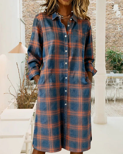 Lapel Casual Long Sleeve Plaid Dresses