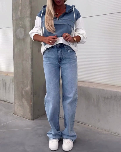 Casual denim patchwork zipper hoodie