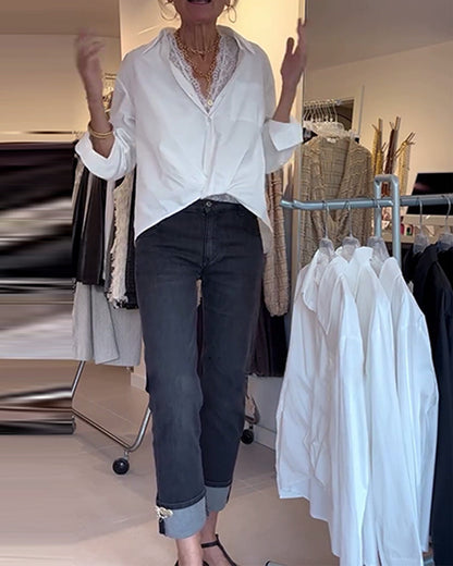 Lapel Solid Long-Sleeved Shirt And Lace Inner Set