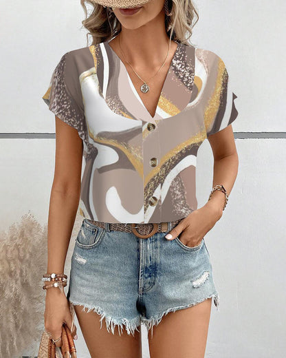 Short-Sleeved Geometric Print Blouse