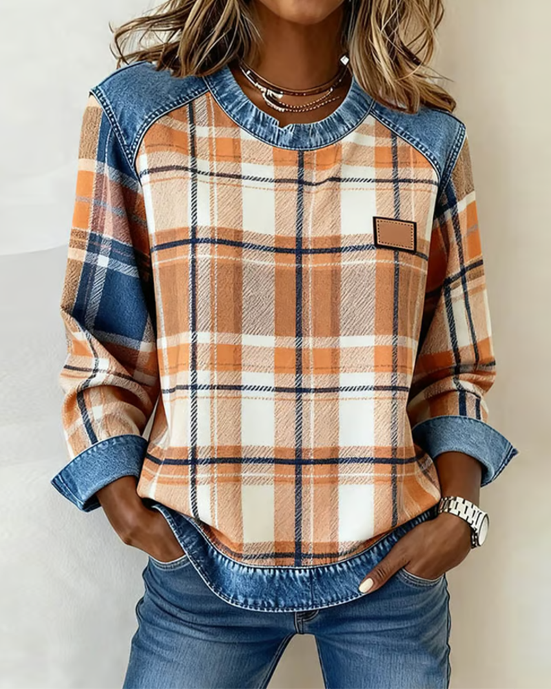 Denim Patchwork Plaid Sweatshirt