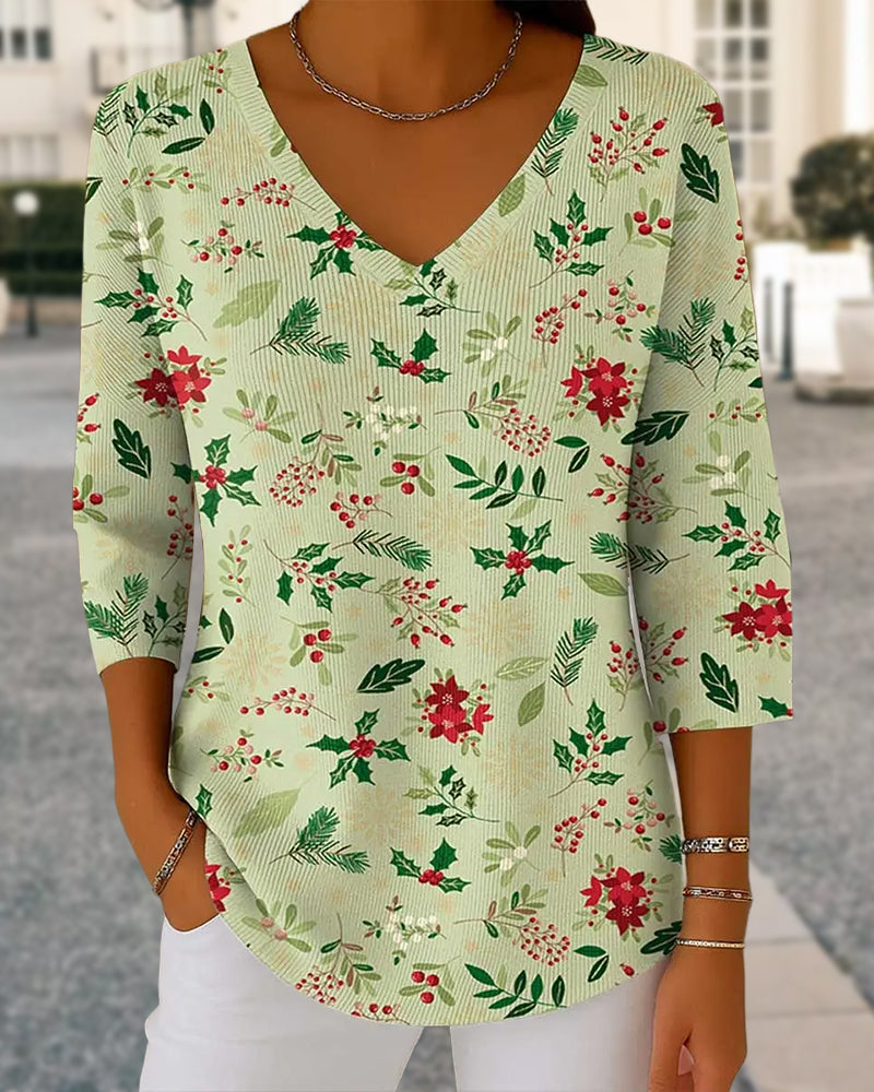 Women's Christmas Print V-Neck 3/4 Sleeve Casual Loose knitted top