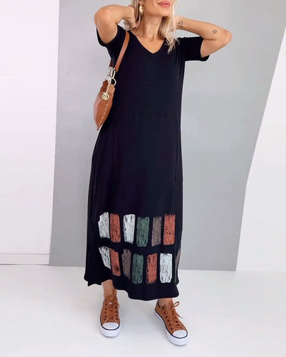 V-Neck Printed Slit Casual Short-Sleeved Dress