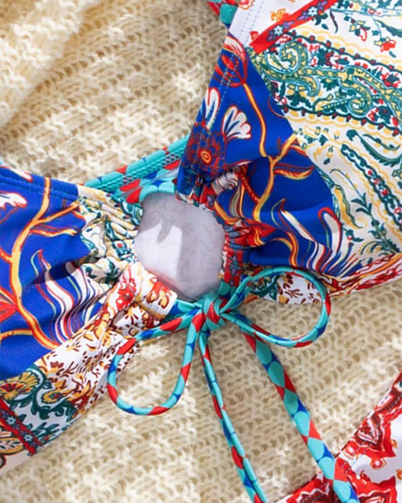 Printed Lace-Up Sexy Triangle Bikini