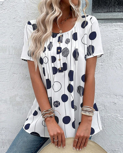 Round Neck Short Sleeve Printed Blouse
