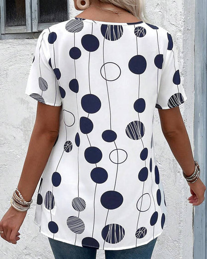 Round Neck Short Sleeve Printed Blouse