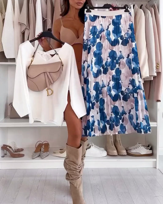 Pleated Printed Colorblock Skirt