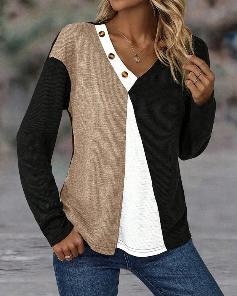 V-Neck Contrast Button Top