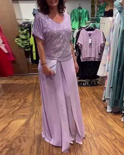 V-neck short-sleeved loose sequined blouse