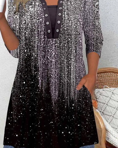 Long-Sleeved Collared Printed Blouse