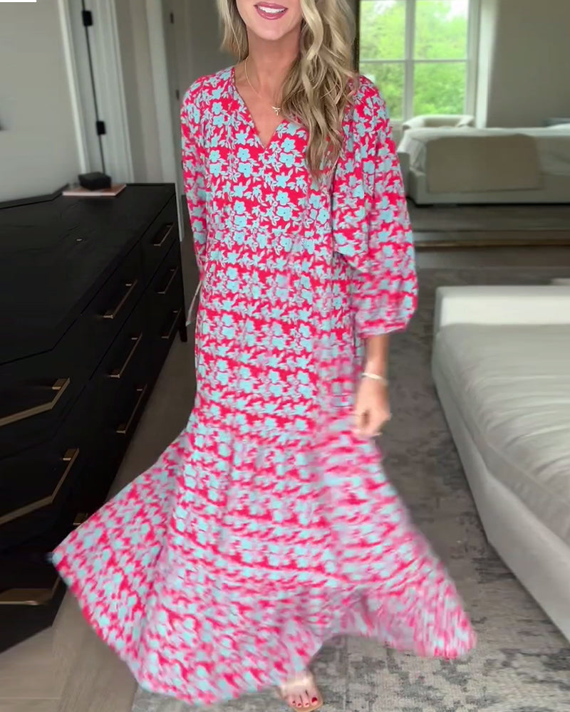 V-neck lantern sleeve floral long dress