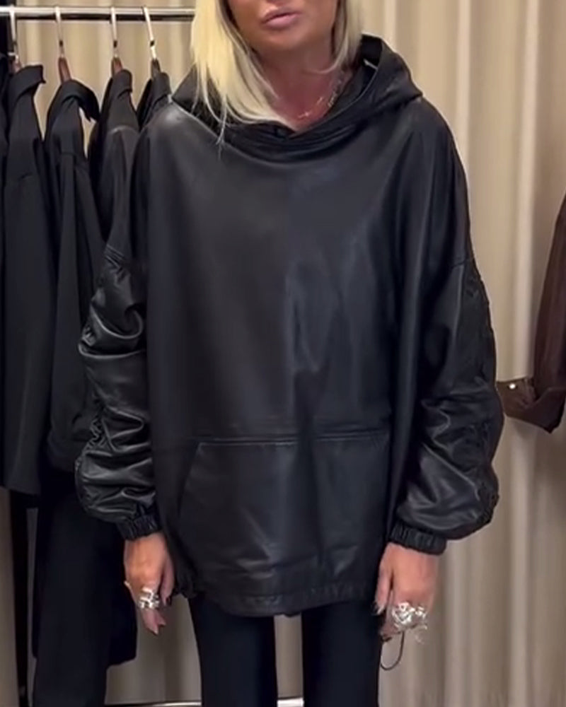 Pu Leather Loose Hoodie