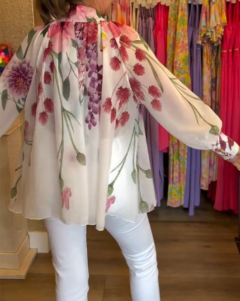Lantern Sleeve Casual Printed Blouse